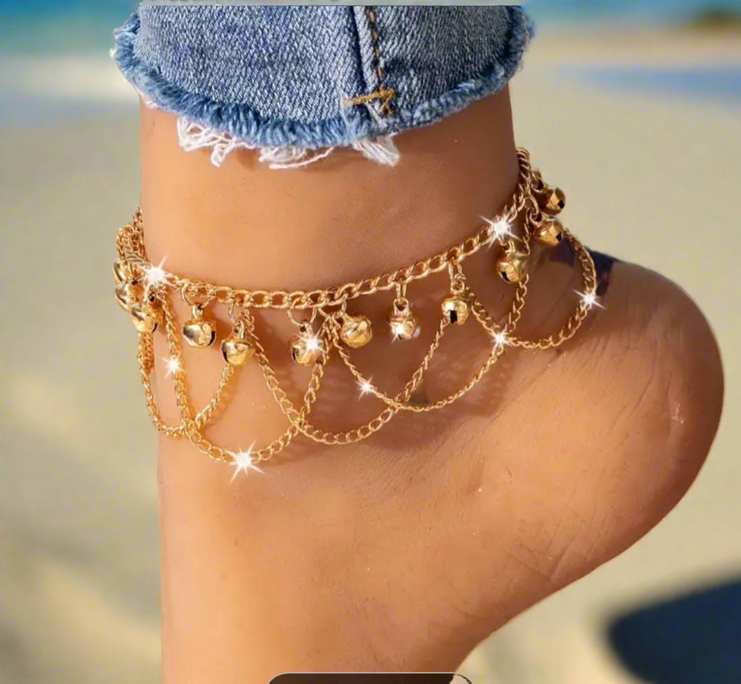 Golden Heart & Bell Charm Anklet